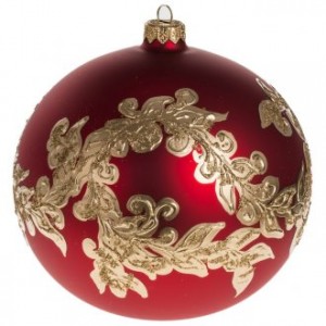 Christmas bauble, red blown glass and gold decorations 15cm