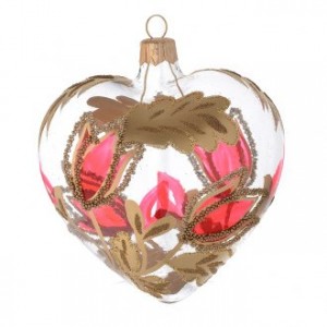 Heart Shaped Bauble in blown glass with red and gold decoration in relief 100mm