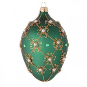 Oval Christmas bauble in green and gold blown glass 130mm