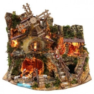 Illuminated nativity setting with stable, houses and mill 42x59x35cm