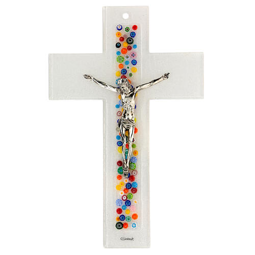 Glass crucifix in white Murano glass with colored murrina 25x15 cm