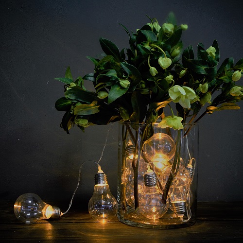 Glass vase filled with luminous bulbs and a bouquet of hellebore, festive concept