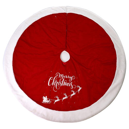 Red Christmas tree skirt with santa and merry christmas inscription 125 cm