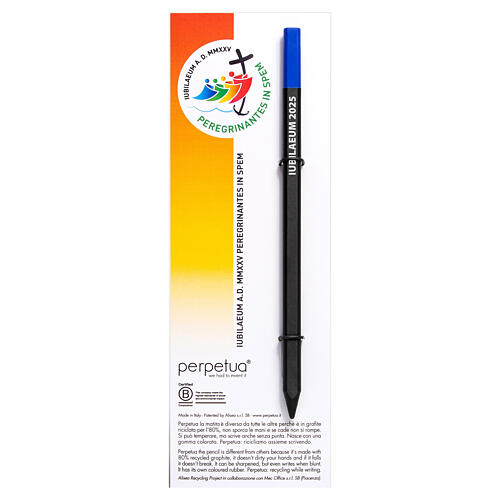 perpetua the pencil with official jubilee 2025 logo blue eraser