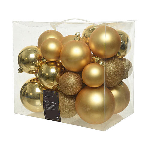Box of 26 shiny, matte, and glittery gold balls assorted diameters recycled plastic