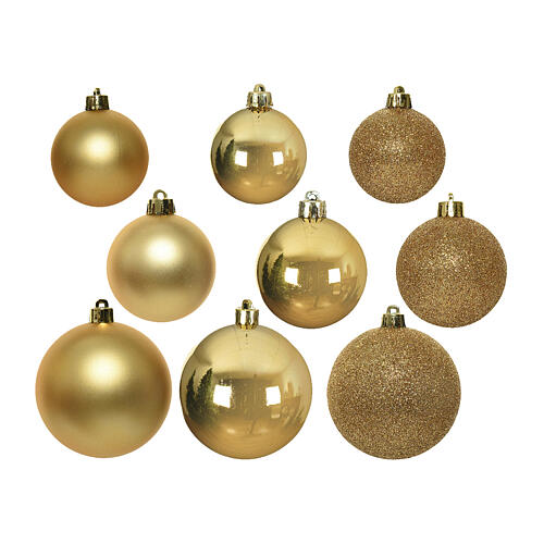 Box of 26 shiny, matte, and glittery gold balls assorted diameters recycled plastic