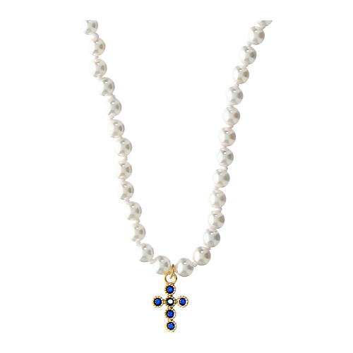 Blue zircon cross necklace with white beads Benedictus